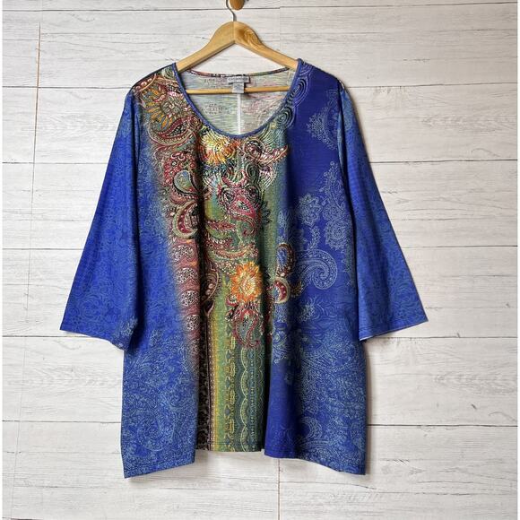 Catherines Blouse Womens Size 3X Paisley Colorful Floral Beaded Embroidery - Picture 1 of 16